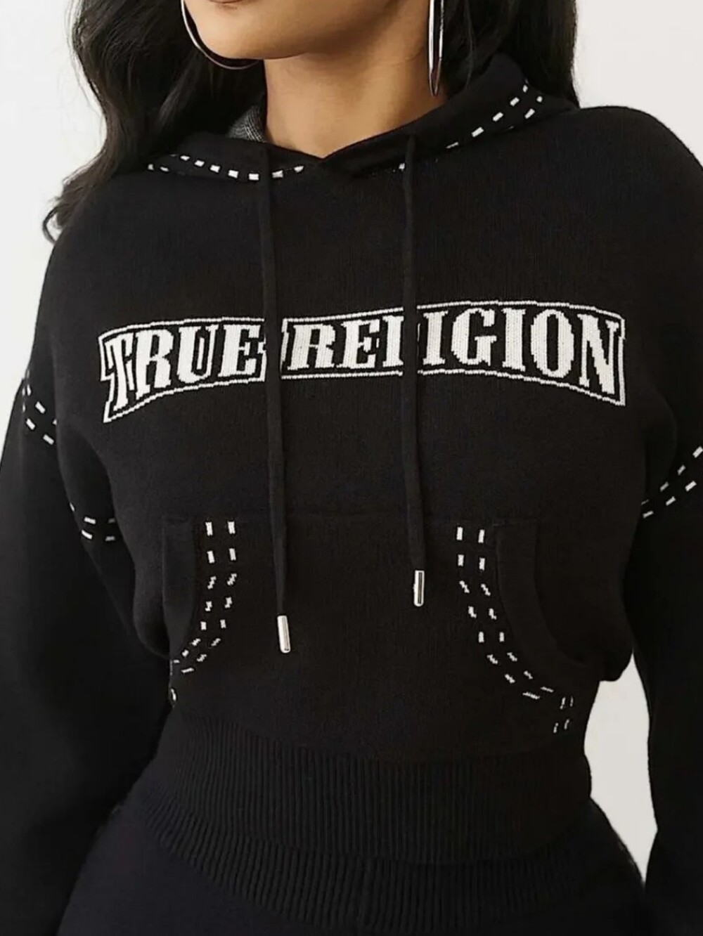 True Religion Black Pullover Sweater Hoodie with White Logo Stitching NWOT Sz LG